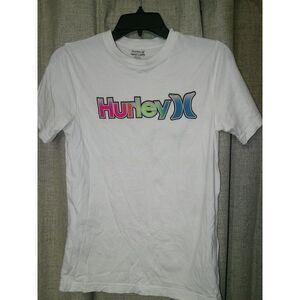 Hurley White‎ T-Shirt with Rainbow Gradient Logo Casual Surf Skate Streetwear